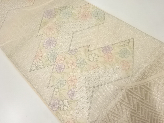 JAPANESE KIMONO / ANTIQUE FUKURO OBI / SILK / WOVEN MATSUKAWABISHI & FLOWERS